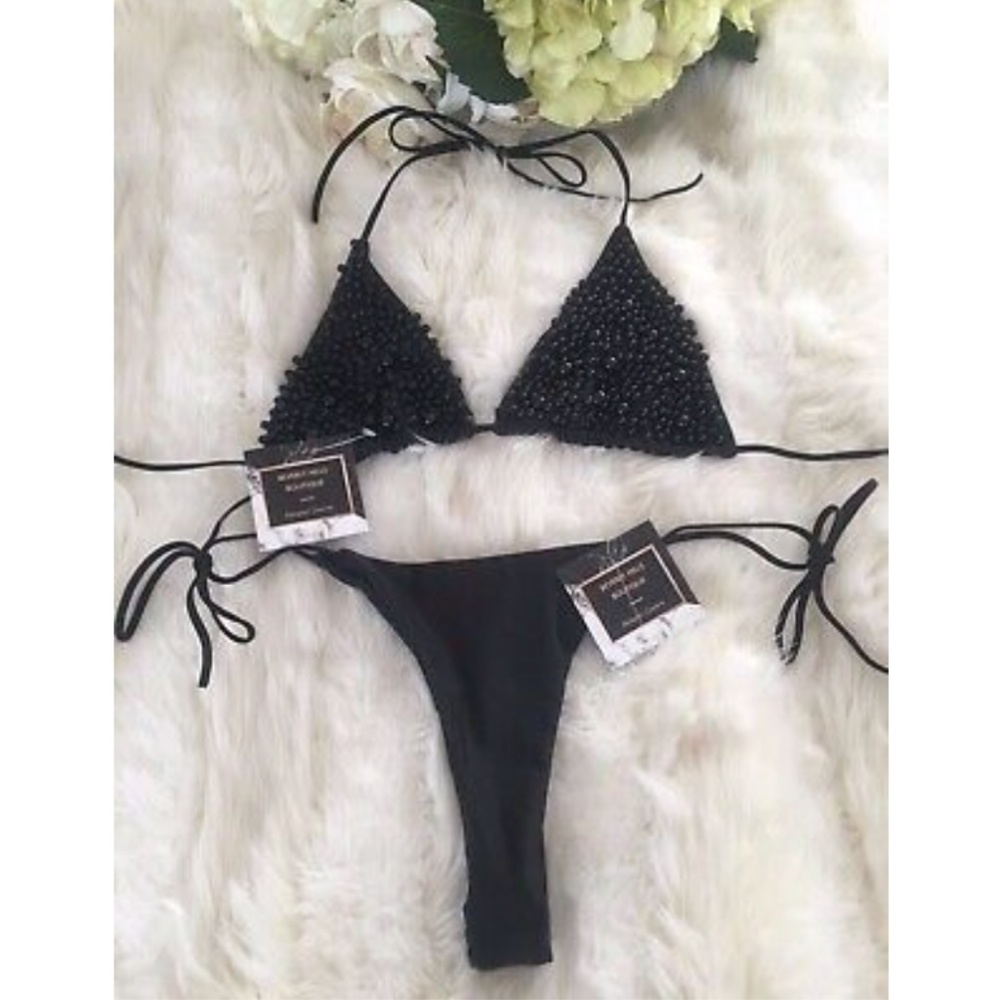 NEW! PEARL BIKINI BLACK SWIMSUIT 2 PIECE SET THONG